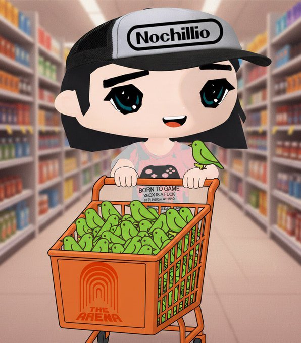 A chibi-style digital illustration of a person wearing a 'Nochillio' cap, pushing a shopping cart full of green parakeets in a grocery store aisle, with a 'THE ARENA' logo on the cart.