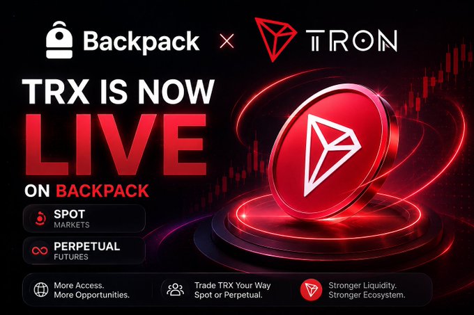 A promotional graphic announcing 'TRX IS NOW LIVE ON BACKPACK' featuring the Backpack and TRON logos, with options for Spot Markets and Perpetual Futures.