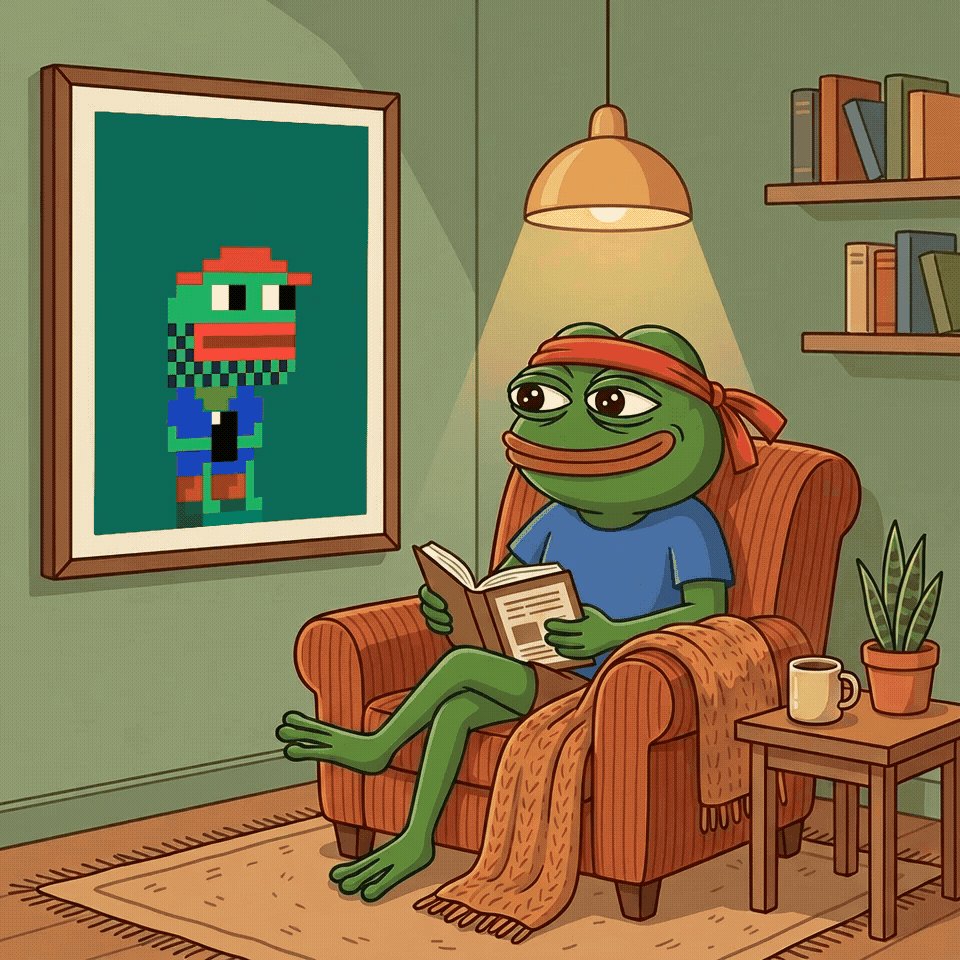 The image features a cartoon frog sitting comfortably in an armchair with its legs crossed while reading a book. A potted plant can be seen next to the chair, adding some greenery to the scene. The background includes a picture frame on the wall that has a cartoon character inside it and a lamp hanging above the chair. The image also contains text that reads "Gn fam Sleeeep well, legends The HODLING dream will take you to the places you haven't dreamed of".