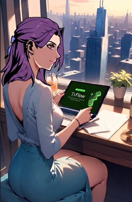 An anime-style illustration shows a purple-haired woman in a blue outfit seated at a high-rise window overlooking a city skyline, holding a glass and working on a laptop displaying the "TxFlow" logo, with an open notebook beside her. The image visually represents the post's promotion of the invite-only TxFlow project, tying the sleek, professional aesthetic to the cryptocurrency opportunity being shared.