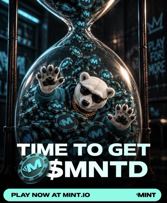 A promotional graphic for MINT cryptocurrency featuring a polar bear with sunglasses and gold chain inside an hourglass filled with MINT tokens, with text 'TIME TO GET $MNTD' and 'PLAY NOW AT MINT.IO'.