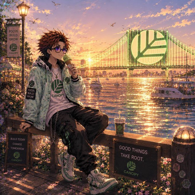 An anime-style illustration of a boy with red hair and round glasses eating ice cream while sitting on a railing, wearing a 'CANOPY' branded jacket, with a sunset over a bay, a bridge, and 'GOOD THINGS TAKE ROOT' signage in the scene.