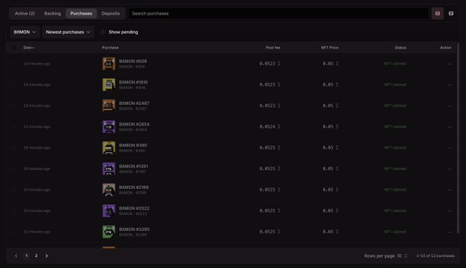 A dark-themed NFT marketplace interface showing a list of purchased 'BIMON' NFTs, all listed as 'NFT claimed' with a price of 8.85 each.
