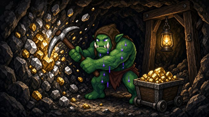 A pixel art illustration of a green goblin-like miner with purple glowing sweat, wielding a pickaxe to mine gold in a dark cave, with a lantern-lit minecart of gold nearby.