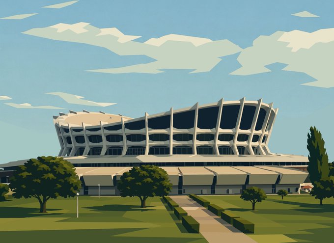 An illustrated digital artwork depicting a large modernist stadium with distinctive curved support columns, surrounded by trees and a pathway under a partly cloudy sky.