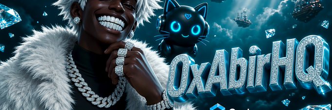 A smiling figure in a fur coat and diamond chains poses beside a glowing robotic cat mascot, with the text "0xAbirHQ" displayed in bold, diamond-encrusted letters against a cosmic background. The image visually echoes the post's mention of Mochi, the GenLayer cat mascot, stylized here as a sleek, futuristic companion in a luxurious crypto-themed setting.