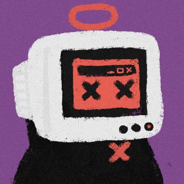 A stylized illustration of a small white CRT television displaying an orange screen with 'XX' eyes and a red halo above it, set against a purple background.