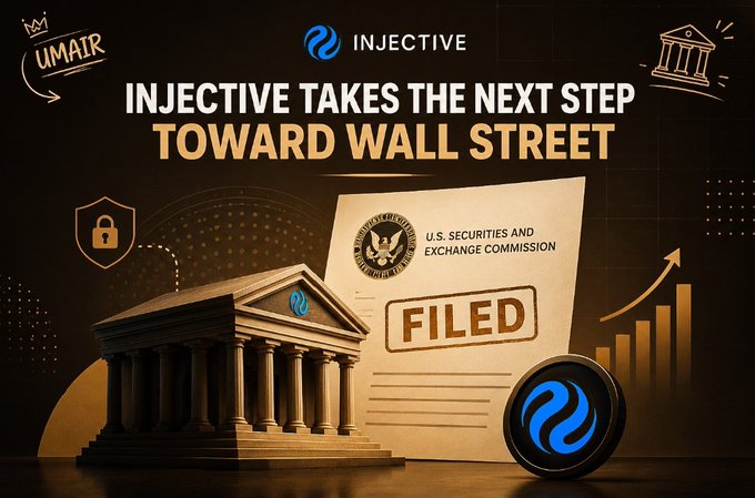 An Injective (INJ) promotional graphic announcing 'INJECTIVE TAKES THE NEXT STEP TOWARD WALL STREET' with imagery referencing a SEC filing and classical banking architecture.
