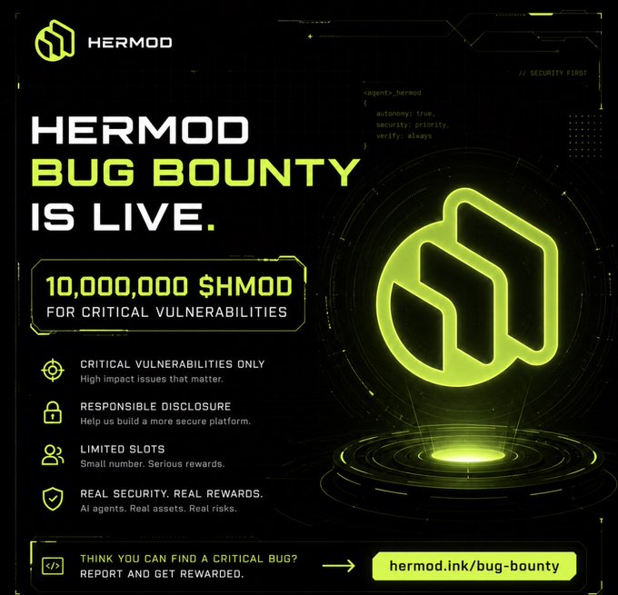 A green and black promotional graphic announcing 'HERMOD BUG BOUNTY IS LIVE' offering '10,000,000 $HMOD FOR CRITICAL VULNERABILITIES' with the URL 'hermod.ink/bug-bounty'.