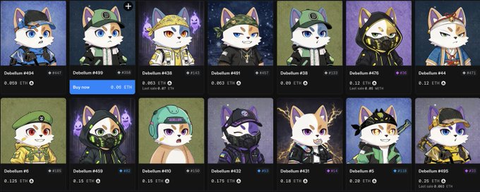 A grid of NFT profile pictures featuring stylized cats in various outfits and masks, each labeled "DeBalloon" with different numbers and ETH prices, with one card highlighted with a blue "Buy now" button.