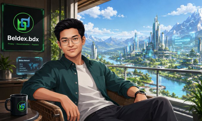 An illustrated portrait of a young man with glasses sitting in front of a futuristic cityscape, with a screen displaying 'Beldex.bdx' and the tagline 'Privacy · Decentralization · Freedom'.