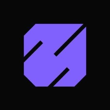 A purple hexagonal logo on a black background featuring diagonal slash marks through the shape.