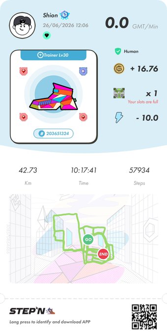 A STEPN app screenshot showing a user's walk activity with 42.73 km covered in 10:17:41 over 57,934 steps, earning +16.76 GMT with a Trainer Lv30 colorful sneaker NFT. The post celebrates an "OG" (Original Ghost) sneaker being walked to its full slot capacity, matching the "Your slots are full" notification visible on the screen.