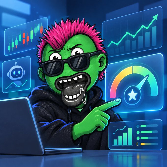 A green-skinned cartoon character with pink hair, sunglasses, and a black hoodie points confidently at floating holographic dashboards showing trading charts, performance gauges, and AI robot icons. The image visually reinforces the post's message about @agenticscredit by depicting a stylized "trader" evaluating performance metrics—symbolizing how trading PnL serves as the credit score for qualifying with the platform.