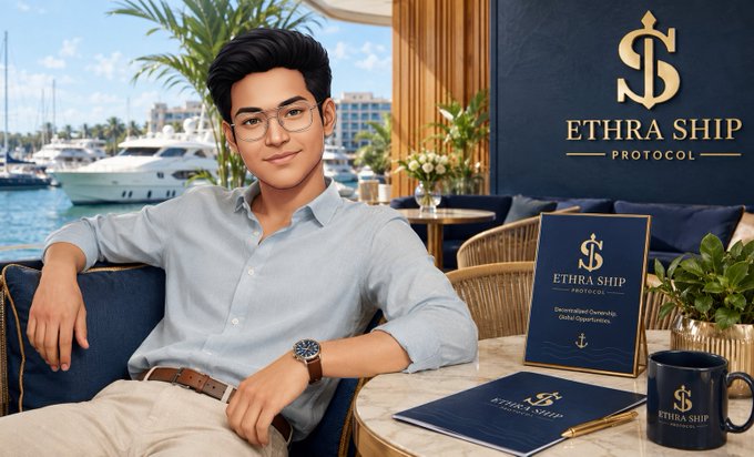 A young man with glasses sits at an outdoor café with yachts in the background, promoting 'ETHRA SHIP PROTOCOL' with branded materials including a folder, document, and mug visible.