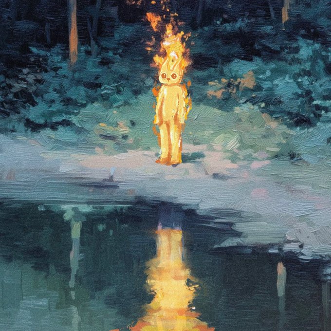 An impressionistic oil painting of a glowing, flame-like humanoid figure with a cat-like face standing on a path near water, its reflection shimmering below.