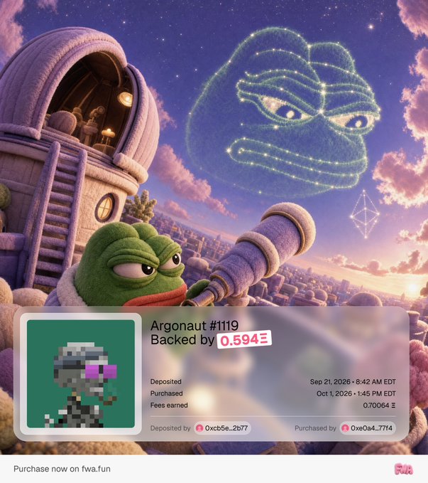 A digital artwork featuring a green frog creature looking through a telescope at a starry sky face, overlaid with an NFT marketplace listing for "Argonaut #1119" backed by 0.594Ξ (Ethereum), with deposit and purchase dates in September/October 2026.