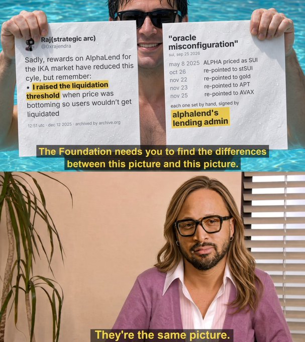 A meme using the 'Theyre the Same Picture' format, showing tweets about AlphaLend and IKA market re-points alongside a man in a pool and another man with glasses, with text stating 'The Foundation needs you to find the differences between this picture and this picture' and 'They're the same picture.'