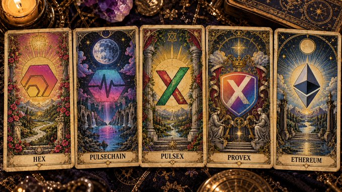 Five ornate tarot-style cards depict cryptocurrency tokens labeled HEX, PULSECHAIN, PULSEX, PROVEX, and ETHEREUM, each with its logo set against mystical landscapes.
