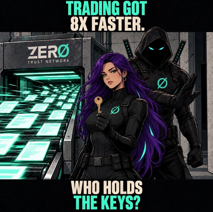 An anime-style illustration featuring a purple-haired woman holding a key, standing next to a hooded figure, promoting 'ZERO TRUST NETWORK' with the text 'TRADING GOT 8X FASTER. WHO HOLDS THE KEYS?'