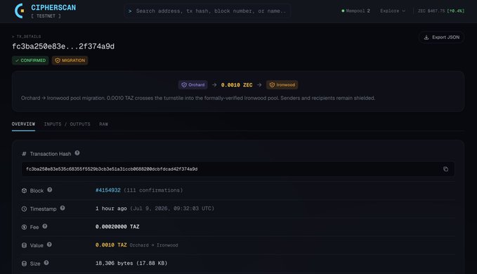 CypherScan (Testnet) transaction details page showing a confirmed TAZ migration from Orchard to Ironwood worth 0.0010 ZEC, with 111 confirmations at block #4154932.