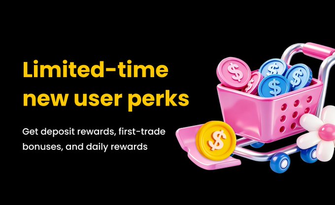 The image displays a promotional graphic with bold yellow text reading "Limited-time new user perks" alongside white text stating "Get deposit rewards, first-trade bonuses, and daily rewards," accompanied by an illustration of a pink shopping cart filled with pink and blue dollar sign tokens and a gold coin.

The visual reinforces the post's message of exclusive new user incentives, using shopping cart imagery to symbolize the rewards users can "collect" by joining the promotion.