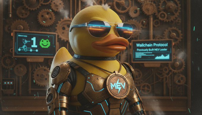 The image features a cartoon duck wearing a gold suit with a blue helmet and sunglasses, standing next to a computer monitor displaying a screen filled with gears and numbers. The background of the image also includes a machine that appears to be part of an office setting. The caption for this image reads "Most people think AttentionFi is just a social game for points but the reality is far more technical. When you look at the team behind @wallchain, you realize they are not just building another app, they are building a financial layer for the most fragmented asset in crypto".