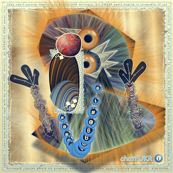 A surreal digital art piece titled 'chatFUKR 1' featuring abstract psychedelic imagery with distorted faces, eyes, geometric shapes, and circular patterns, bordered by garbled text.