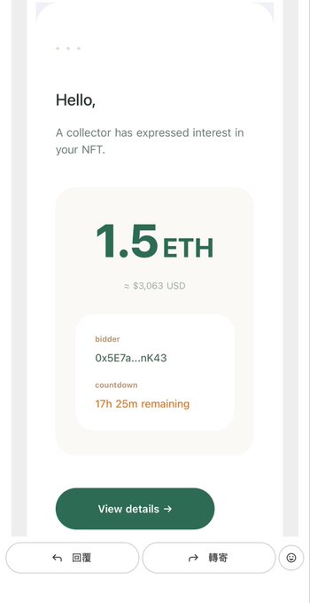 A mobile notification screen informing the user that a collector has expressed interest in their NFT, offering 1.5 ETH (approximately $3,063 USD) with 17 hours 25 minutes remaining.