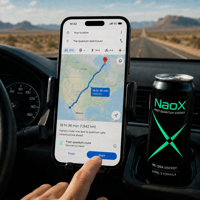 A smartphone mounted in a vehicle displays a navigation route spanning 1,842 km with an 18 hr 36 min ETA to "The Quantum-Safe Future," while a hand presses "Start" beside a black "NaoX POST-QUANTUM ENERGY ML-DSA ENERGY LEVEL 5 FORMULA" can, visually reinforcing the post's metaphor of a long, deliberate journey toward post-quantum readiness.