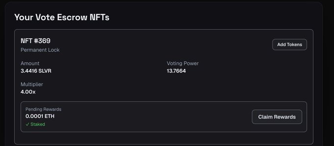 The image displays a Vote Escrow NFT dashboard showing NFT #369 with a permanent lock of 3.4416 SLVR tokens, generating a 4.00x multiplier and 13.7664 voting power, along with 0.0001 ETH in pending rewards. This visually reinforces the post's claim about permanently locking SLVR tokens to accumulate ETH rewards, highlighting the staking benefits the user is excited about.
