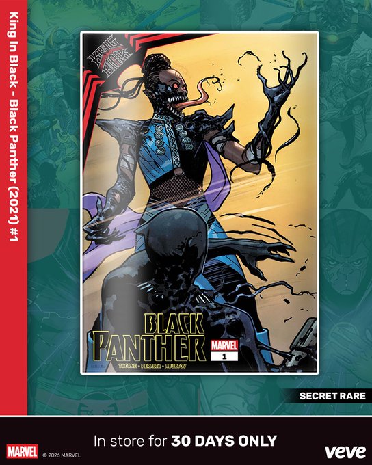 A promotional graphic for a VeVe digital collectible drop of Marvel's "King In Black - Black Panther (2021) #1" featuring a "Secret Rare" True Believer Variant cover by Germán Peralta, showing Black Panther in a symbiote-corrupted form with extended tongue and claws, available for 30 days only via waitlist opening on Thursday 13 August at 8AM.