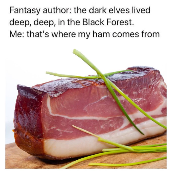 A humorous meme showing smoked meat garnished with green onion, with text reading 'Fantasy author: the dark elves lived deep, deep, in the Black Forest. Me: that's where my ham comes from.'