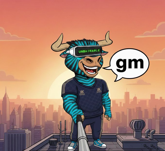 A cartoon illustration of a cyan bull character with horns wearing a VR headset labeled 'UNBAITRABLE', a dark blue athletic outfit, and sneakers, holding a bat on a rooftop with a city skyline at sunset, with a speech bubble saying 'gm'.
