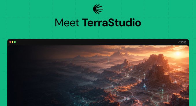 A promotional graphic with a teal header reading 'Meet TerraStudio' above a browser window displaying a dark fantasy landscape at sunset, with '©2026' in the corner.