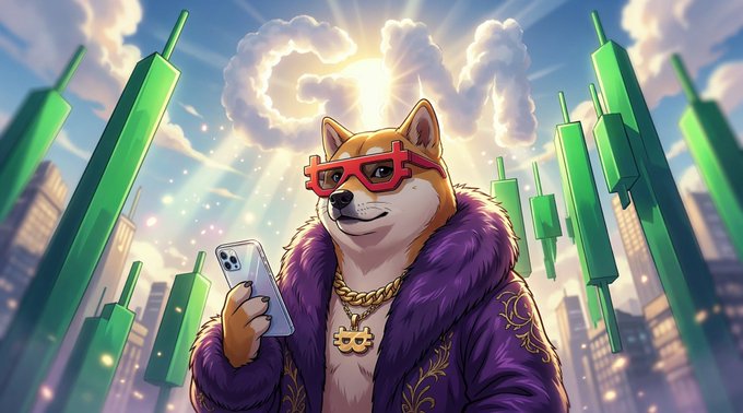The image features a cartoon dog wearing sunglasses, a purple jacket with gold trim, and holding a cell phone. The background shows a city skyline filled with tall buildings under a blue sky dotted with clouds. The caption of the image reads "GM Bosses! You control the outcome today."