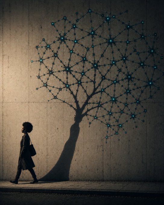 The image features a woman walking past a large tree with blue lights, creating an artistic scene that resembles a tree of stars or a tree of lines. The photo has been edited to include this unique design element, giving it a dreamy and surreal appearance. The woman is positioned in front of the tree, which spans across most of the image from left to right. The background appears to be a wall with a concrete texture, providing a stark contrast to the organic shapes of the tree and its lights.