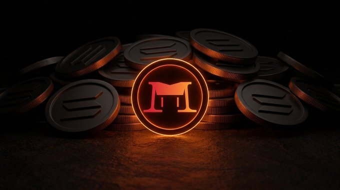 A 3D render shows a glowing orange circular emblem with an 'M' logo surrounded by stacks of dark coins bearing a stylized symbol, set against a black background.