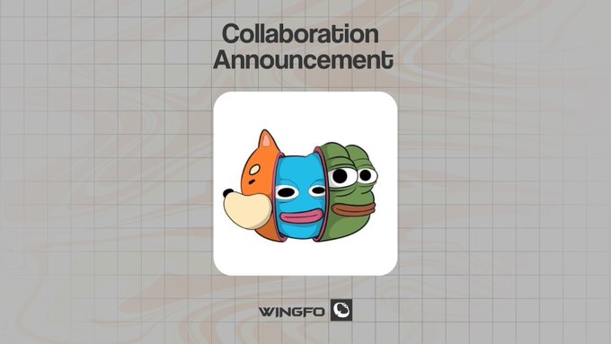 A "Collaboration Announcement" graphic featuring the Wingfo logo alongside three colorful cartoon meme faces (orange fox, blue character, and green creature) on a marble-textured background, promoting an upcoming meme collection giveaway with 4,404 supply on the ETH chain requiring follows, likes, reposts, and address comments to enter.