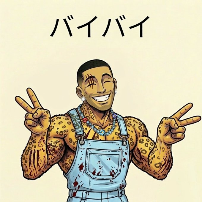 A cartoon illustration depicts a smiling, muscular man with face tattoos wearing leopard print and blood-stained overalls, making peace signs under the Japanese text 'バイバイ' (Bye Bye).