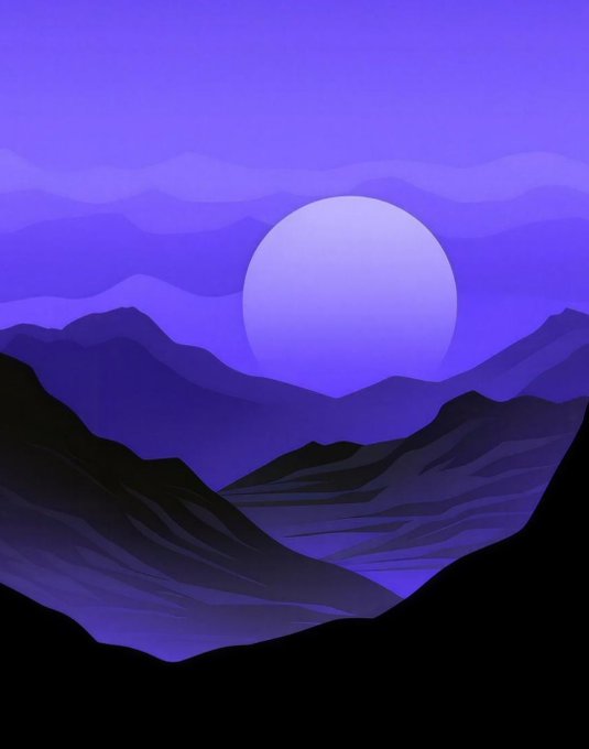 The image features a large, round sun set behind mountains with a purple sky. The sun appears to be setting over the mountain range, creating a beautiful and serene atmosphere. The photo has been edited using Photoshop or another similar software, giving it a digital and artistic touch.