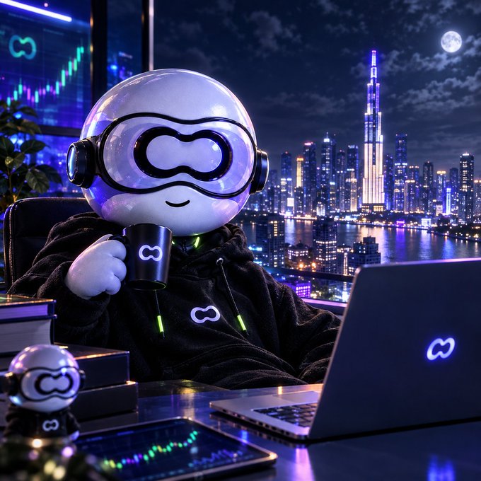 A futuristic robot character with a glossy white helmet, purple glowing goggles, and black hoodie sitting at a desk holding a branded mug, with a laptop, trading charts, and a stunning nighttime cityscape with moon in the background.