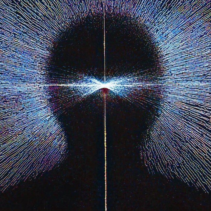 A vibrant, fingerprint-like burst of electric blue and red light radiates from a central point, evoking the exposure of biometric data. This psychedelic visualization mirrors the Revolut breach, where unauthorized fraudulent requests from a legitimate government domain compromised sensitive customer information like passports and verification selfies.