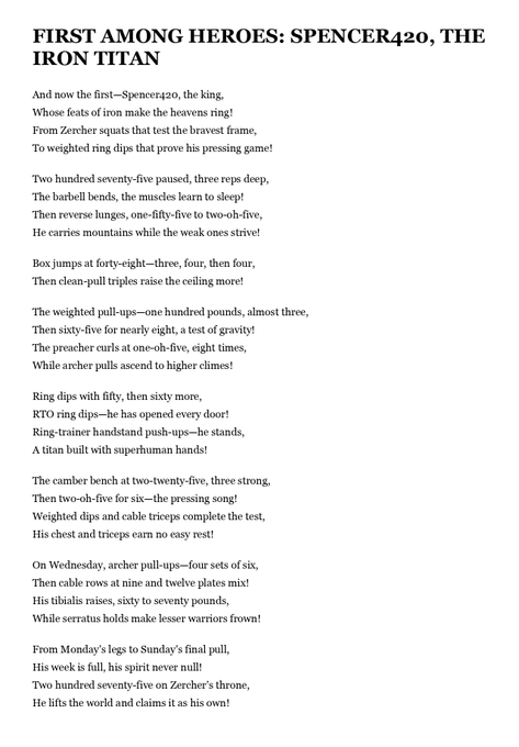 A poem titled 'FIRST AMONG HEROES: SPENCER420, THE IRON TITAN' celebrating a workout achievement of 275 total reps including squats, bench press, ring dips, weighted pull-ups, and more, all completed in a single week.