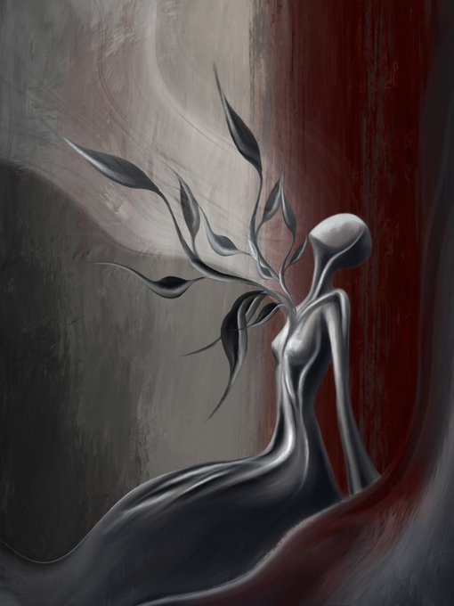 An abstract, surrealist painting featuring a smooth, silver-grey humanoid figure seated with flowing, leaf-like extensions emerging from where its head should be, set against a contrasting dark grey and deep red background.