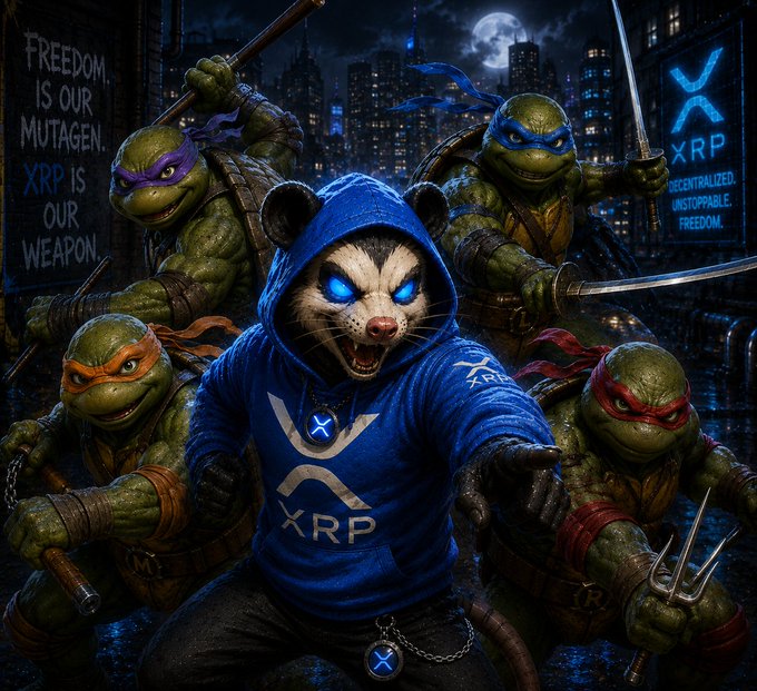 A masked rodent warrior in an XRP hoodie stands center-stage alongside four Teenage Mutant Ninja Turtles armed with their signature weapons, with graffiti reading "FREEDOM IS OUR MUTAGEN / XRP IS OUR WEAPON" and a neon "XRP — DECENTRALIZED. UNSTOPPABLE. FREEDOM." sign, rallying crypto fans for the digital battle ahead.