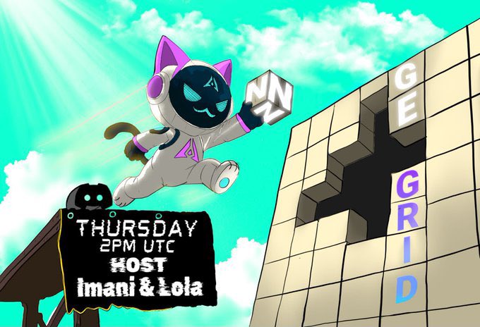 A promotional graphic for a 'THURSDAY 2PM UTC HOST Imani & Lola' event featuring a cat-like astronaut character jumping against a blue sky, with 'GEM GRID' text displayed on blocky structures.