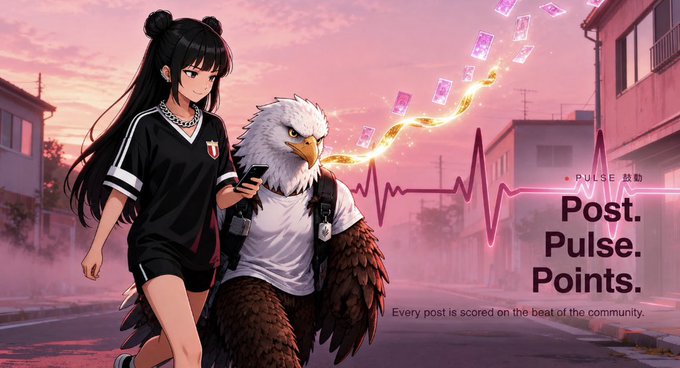 Anime artwork of a girl and an anthropomorphic eagle walking on a street with pink skies; text reads 'PULSE 鼓動 Post. Pulse. Points. Every post is scored on the beat of the community.'