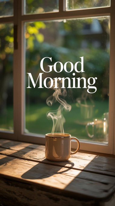 A 'Good Morning' greeting image showing a steaming mug of coffee on a wooden windowsill with sunlight streaming through and greenery visible outside.