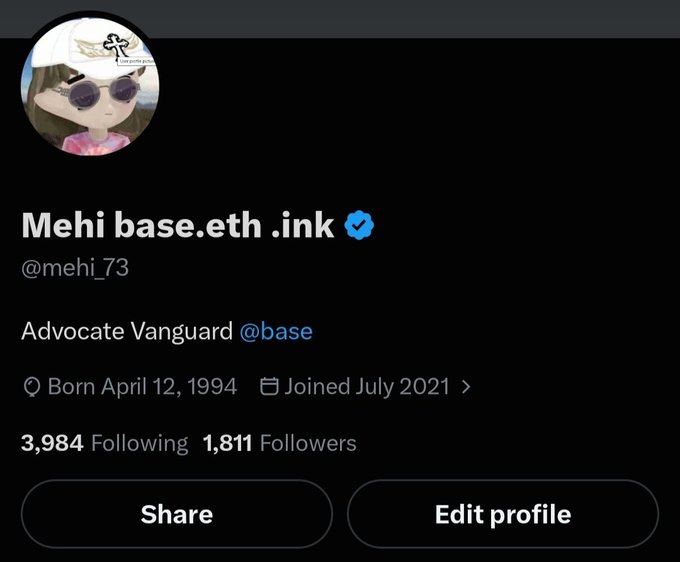 A Twitter/X profile page for 'Mehi base.eth .ink' (@mehi_73), described as 'Advocate Vanguard @base', with a cartoon avatar, born April 12, 1994, joined July 2021, with 3,984 Following and 1,811 Followers.